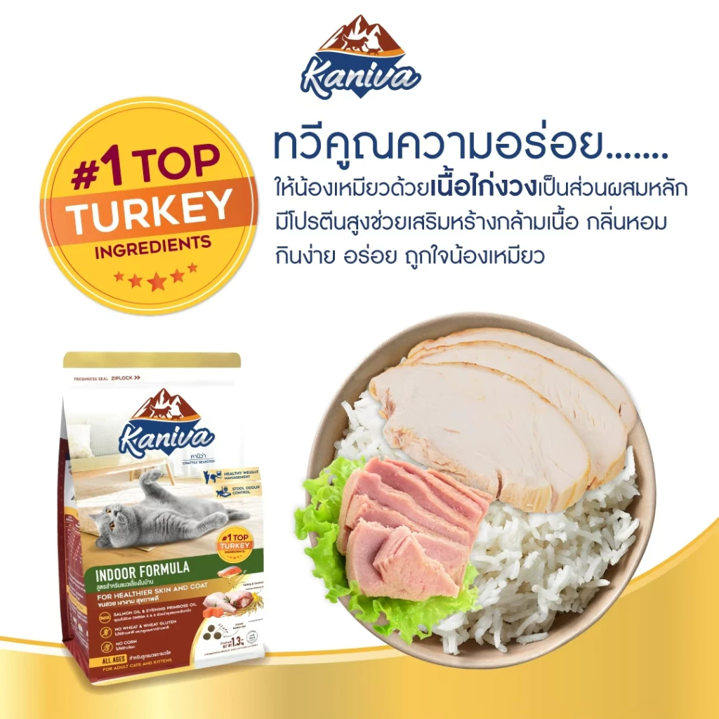Kaniva Indoor 2.8 KG. อาหารแมว สูตรเนื้อไก่งวง ปลาแซลมอนและข้าว สำหรับแมวเลี้ยงในบ้าน - Image 2